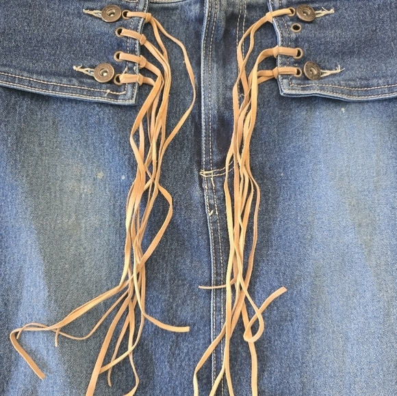 Jukebox Denim Fringe Maxi Skirt Women Sz 16 Blue Flare Back Slit Waist Belt - Picture 8 of 13
